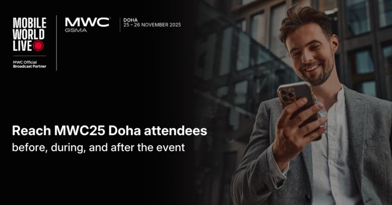 A smiling man in a suit holds a smartphone outdoors. On the left, white text reads: 